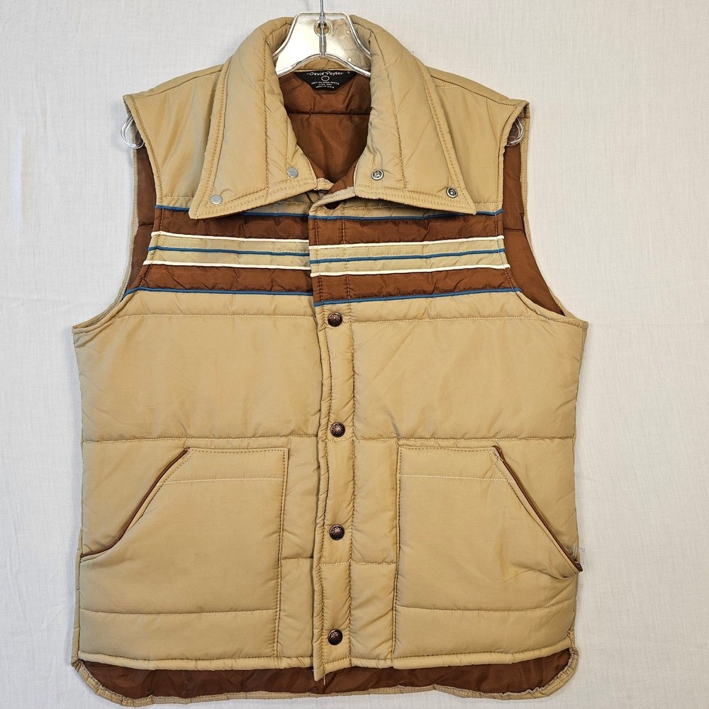 Vintage David Peyser Puffer Vest Mens Small Tan Brown Striped 70s Made in USA